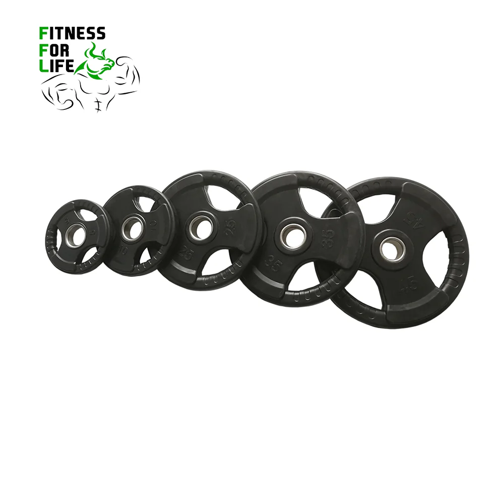 250 lb Tri Grip Weight Plates Set + Bar + Rack - Image 2